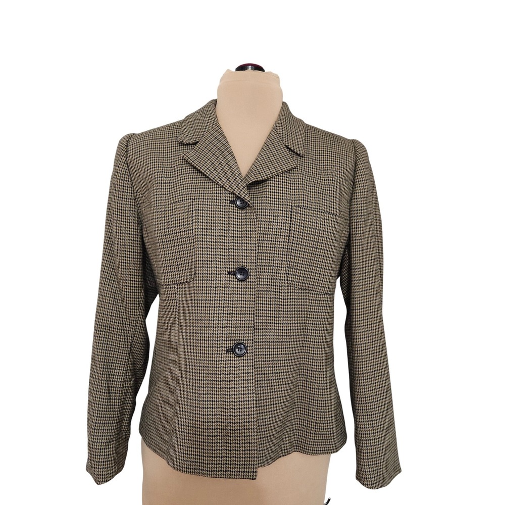 Jones New York 100% Worsted Wool Houndstooth Blazer Jacket Olive Black USA